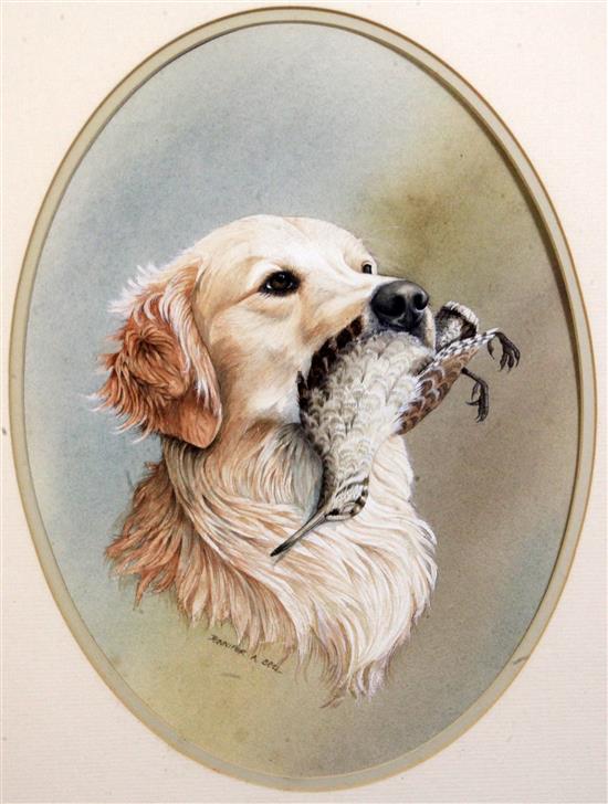 Jennifer A. Bell Labrador and Spaniel with game, ovals, 15 x 11in.